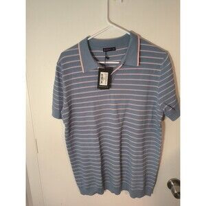 NWT Postmarc Mens M Silk Tencel Knit Polo Shirt Striped Open Collar Slate Pink